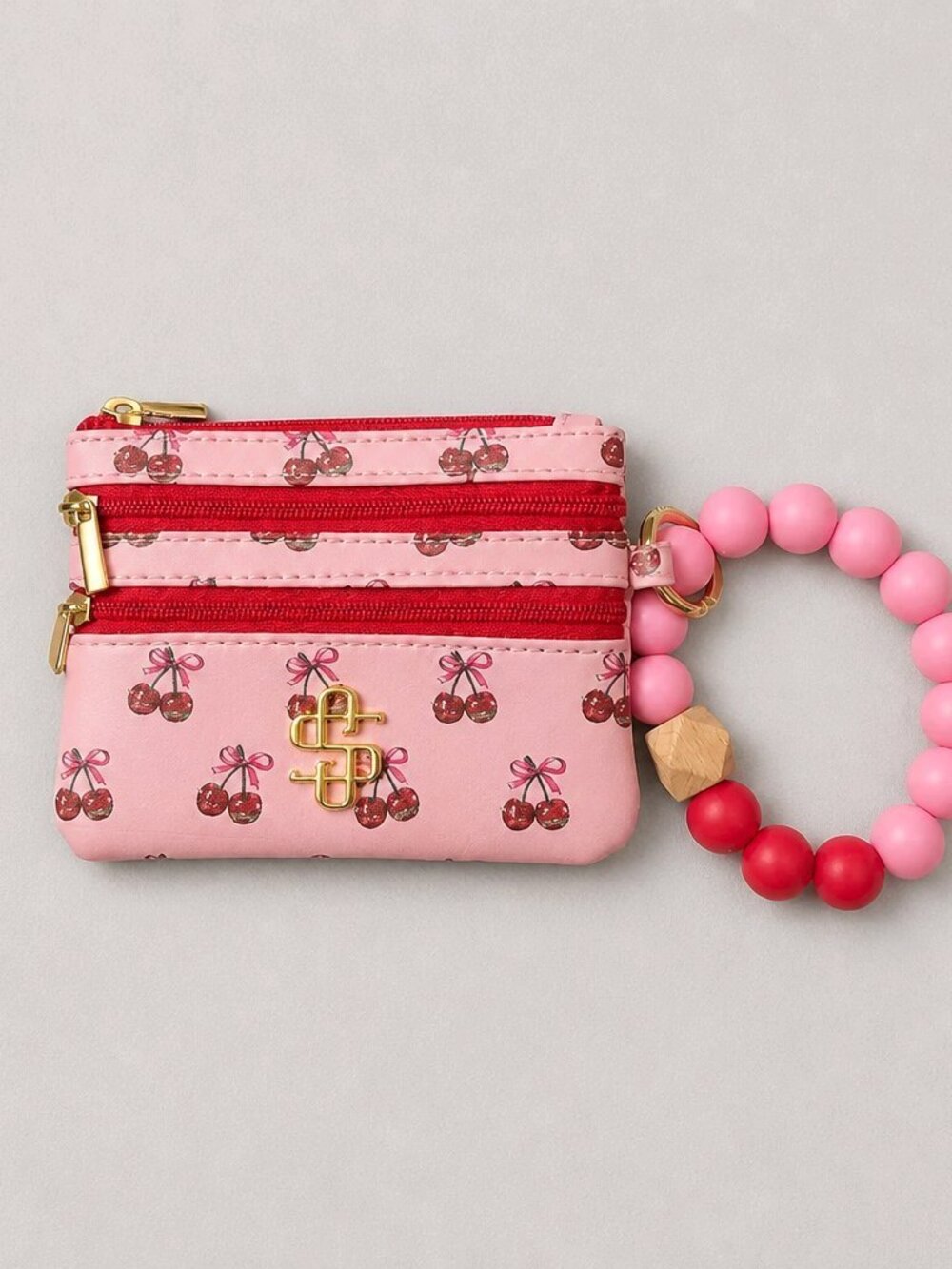 Simply Southern Cherry Print Pink Coin Purse with Beaded Bracelet Wrist Strap